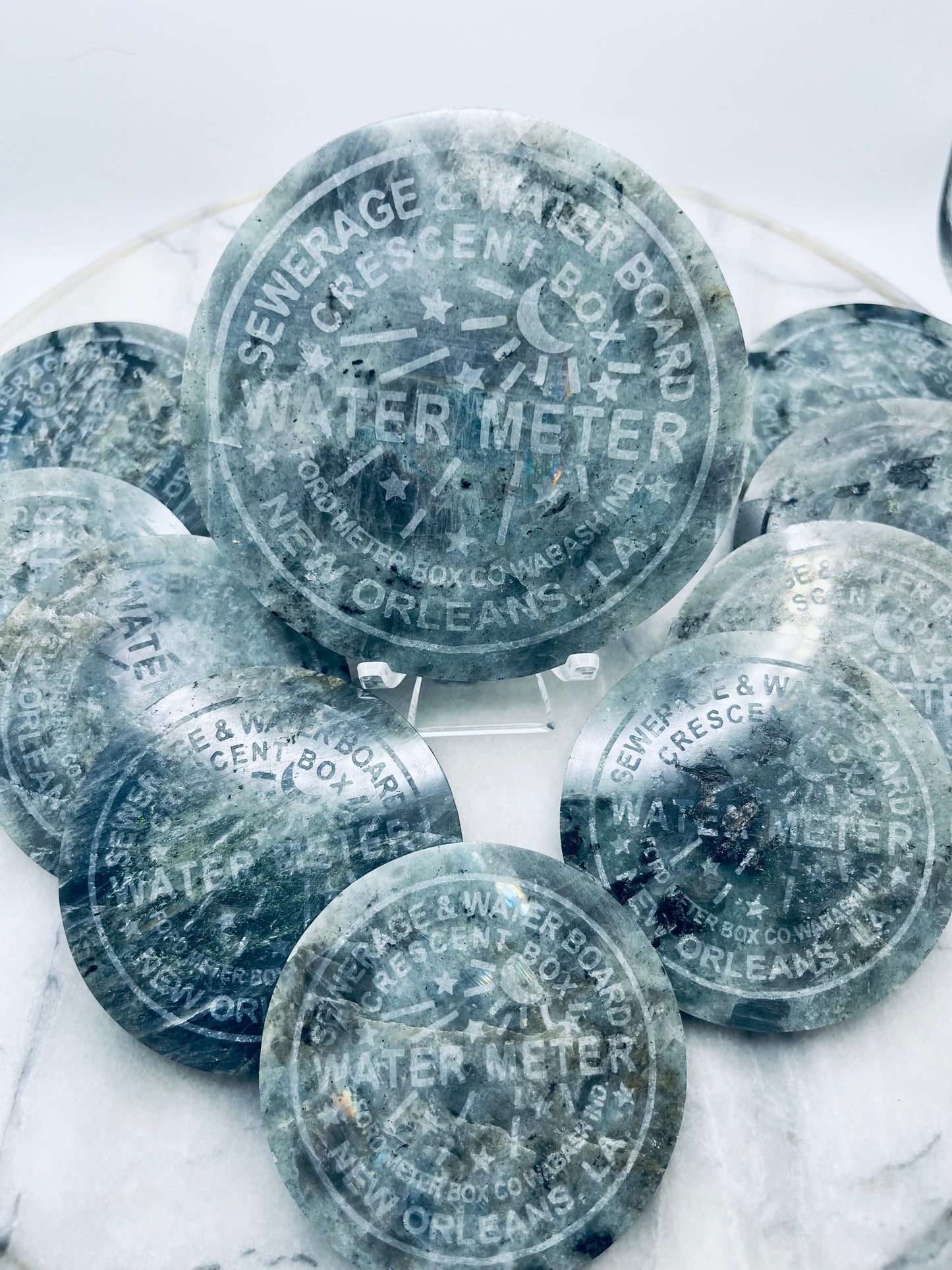 New Orleans water meter cover gray labradorite crystal exclusive Bubblegum Crystal Shop custom NOLA crystal shop