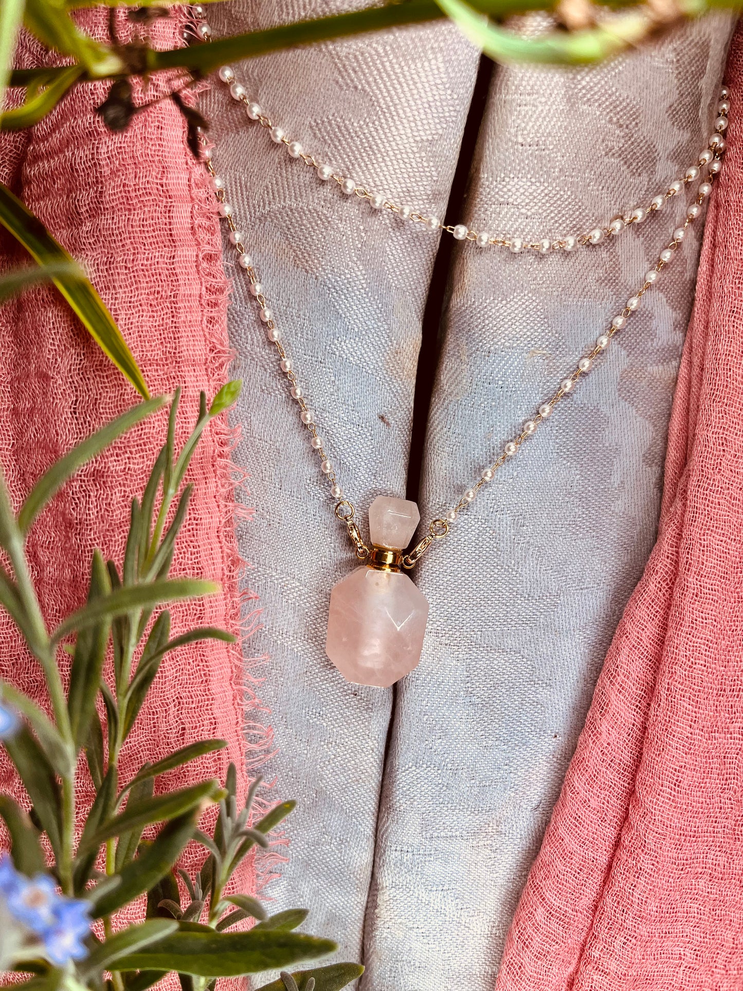 Rose Quartz perfume bottle pendant 